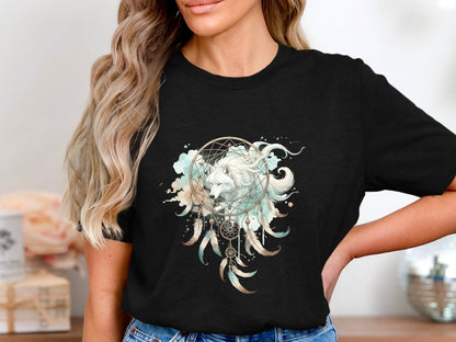 White Wolf Dreamcatcher T-Shirt - Mystical Spirit Animal Art