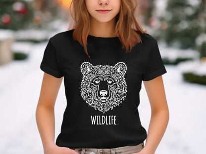 Intricate Floral Wildlife Bear Head Black T-Shirt