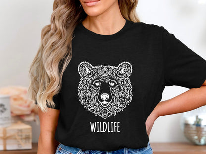 Intricate Floral Wildlife Bear Head Black T-Shirt