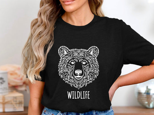 Intricate Floral Wildlife Bear Head Black T-Shirt