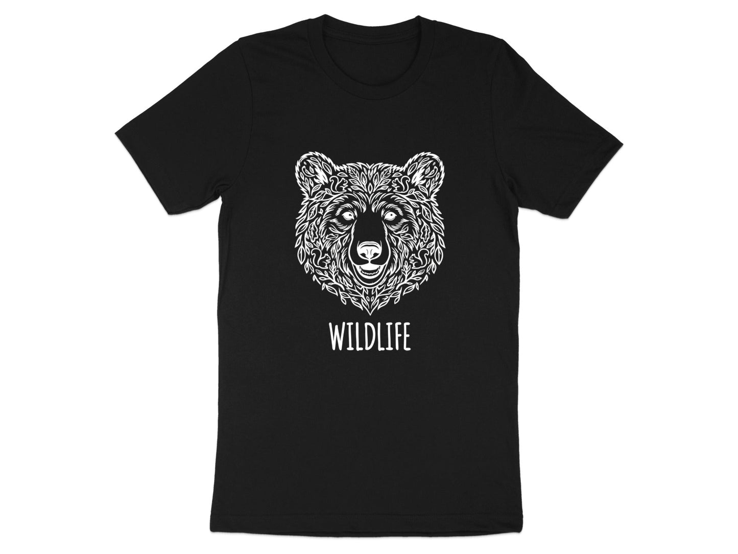 Intricate Floral Wildlife Bear Head Black T-Shirt