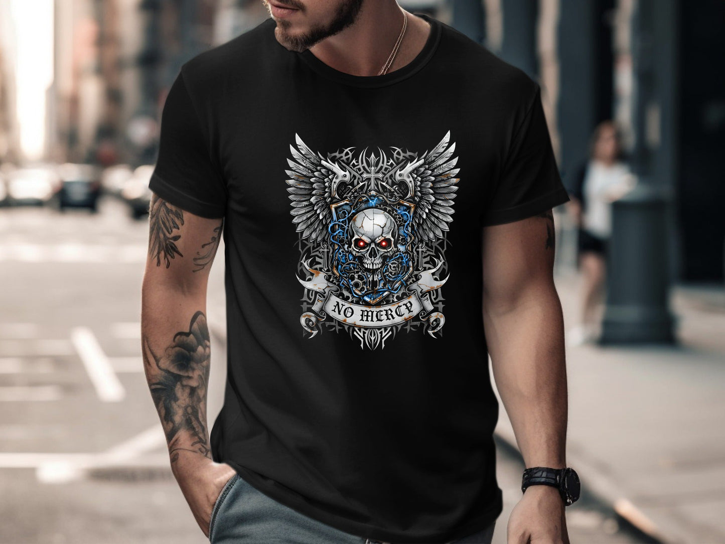 Gothic Winged Skull "No Mercy" Biker T-Shirt