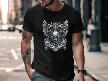 Gothic Winged Skull "No Mercy" Biker T-Shirt