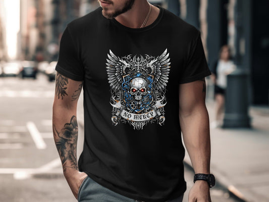 Gothic Winged Skull "No Mercy" Biker T-Shirt