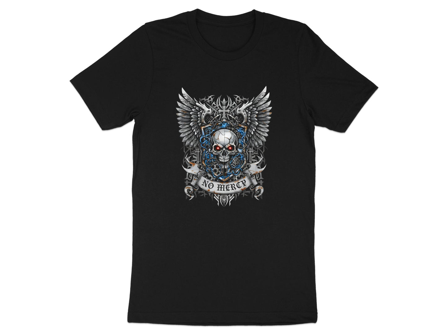 Gothic Winged Skull "No Mercy" Biker T-Shirt