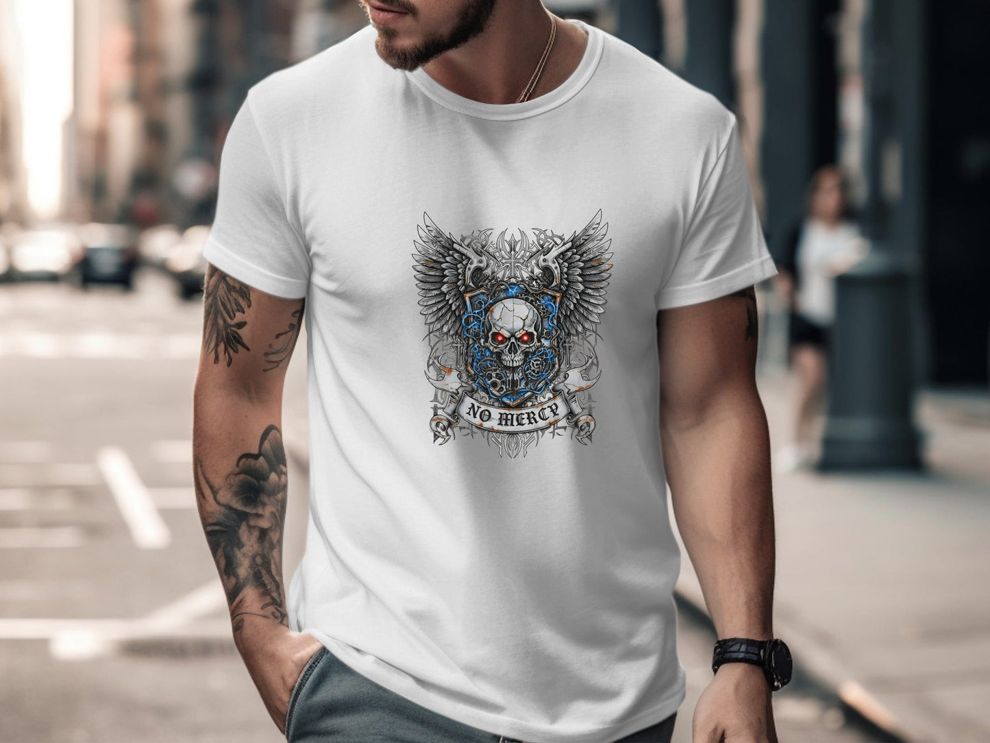 Gothic Winged Skull "No Mercy" Biker T-Shirt