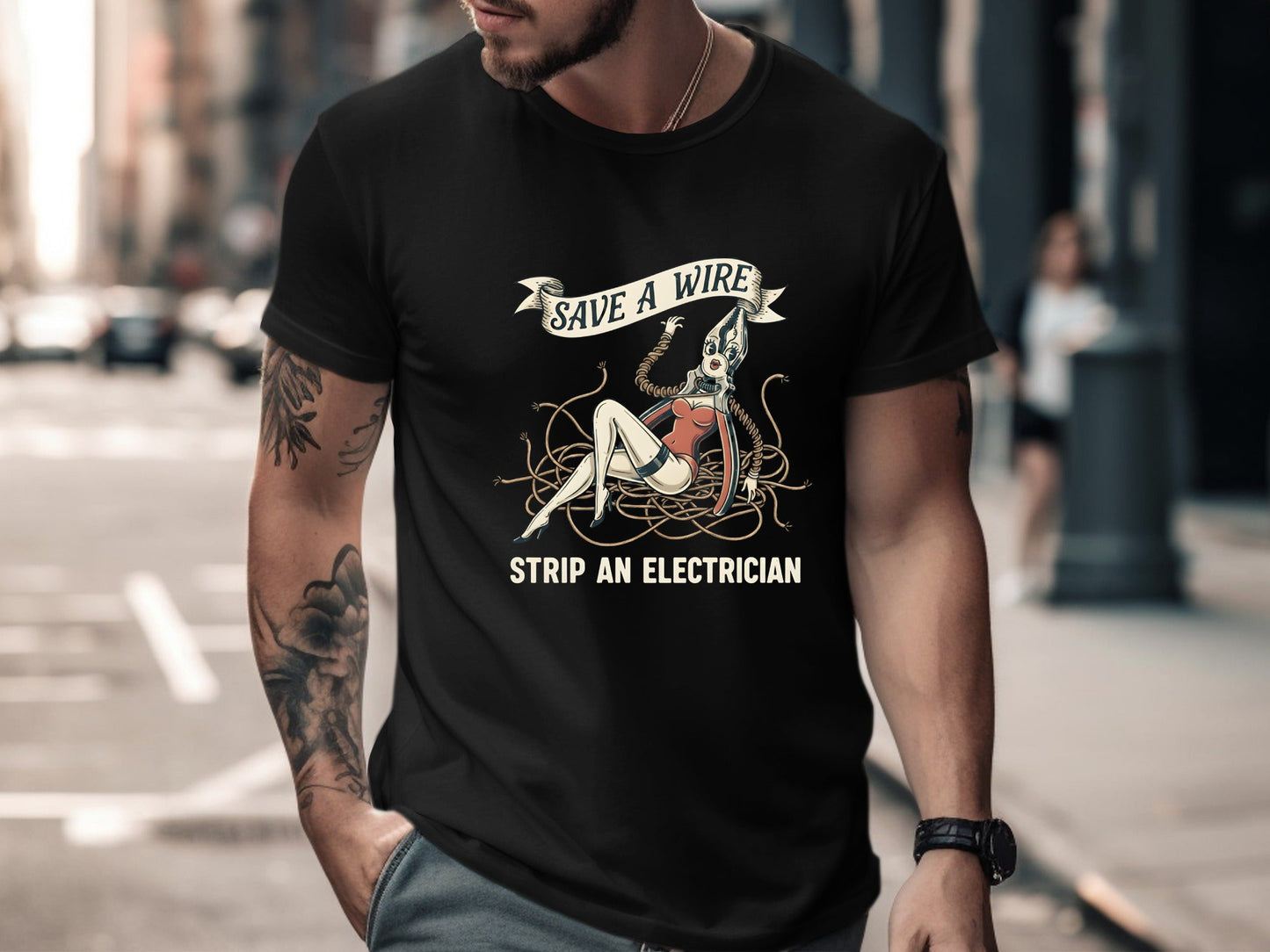 Save a Wire Strip an Electrician T-Shirt - Vintage Pinup Sparky Tee