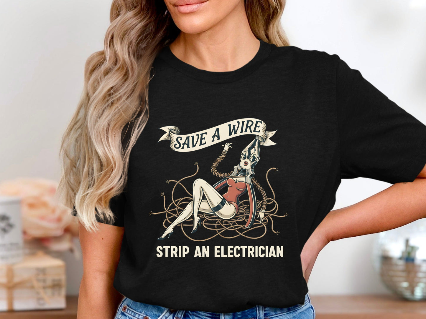 Save a Wire Strip an Electrician T-Shirt - Vintage Pinup Sparky Tee