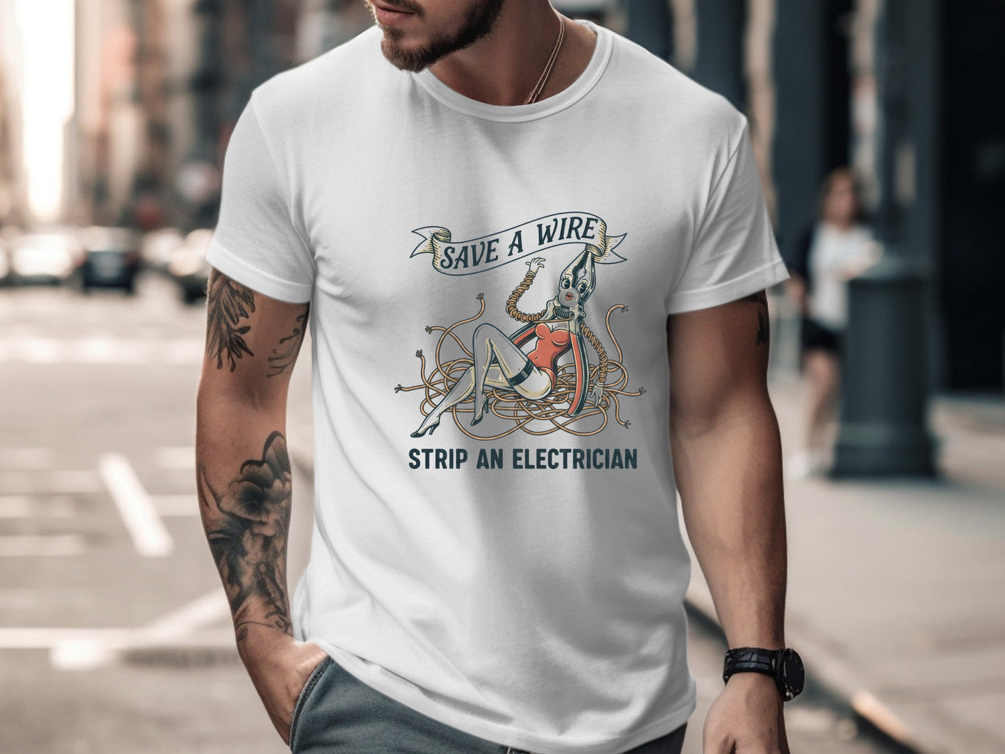 Save a Wire Strip an Electrician T-Shirt - Vintage Pinup Sparky Tee