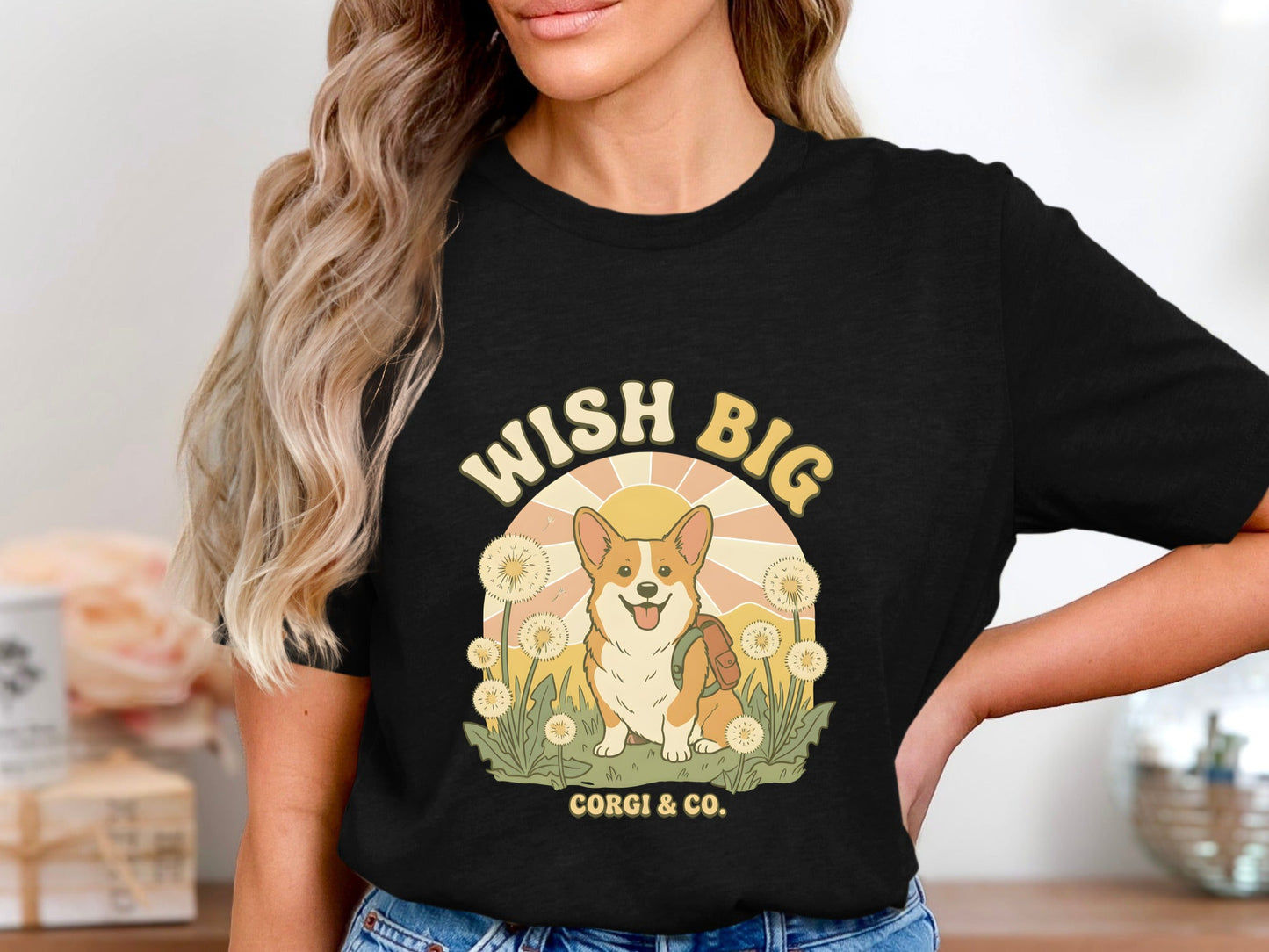 Wish Big Corgi T-Shirt - Retro Sunshine & Dandelions