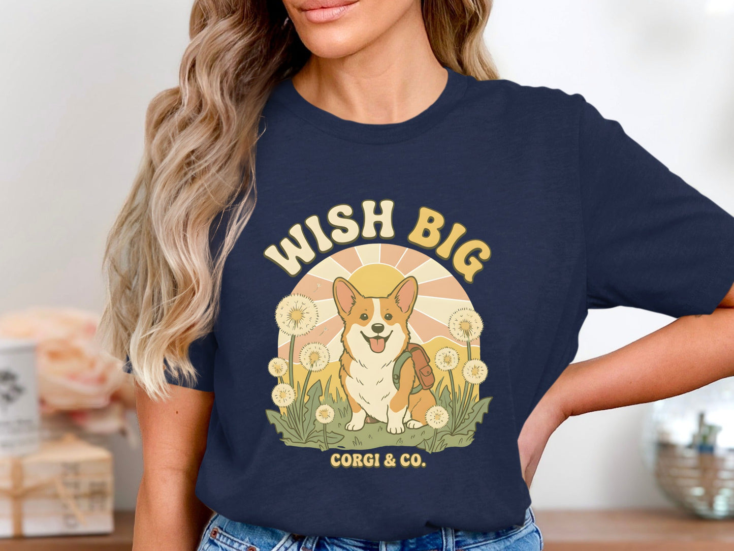 Wish Big Corgi T-Shirt - Retro Sunshine & Dandelions