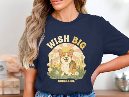 Wish Big Corgi T-Shirt - Retro Sunshine & Dandelions
