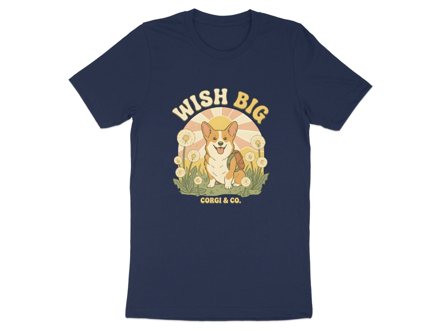Wish Big Corgi T-Shirt - Retro Sunshine & Dandelions