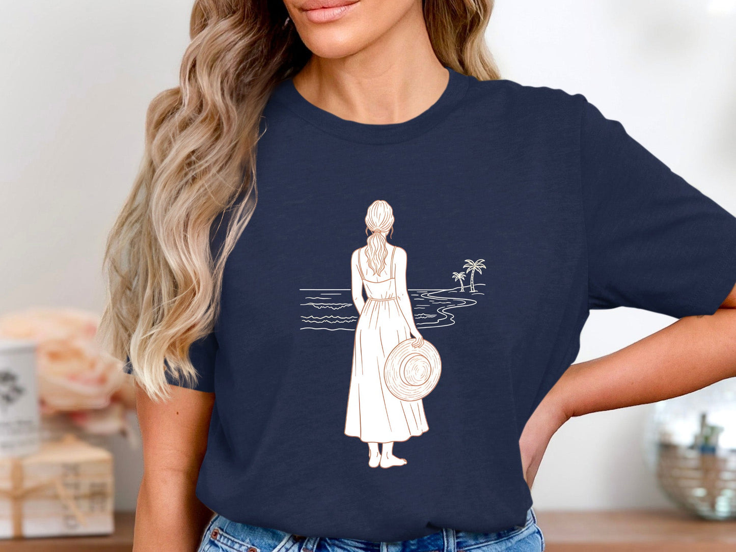 Coastal Wanderer Line Art T-Shirt| Boho Beach Girl Tee