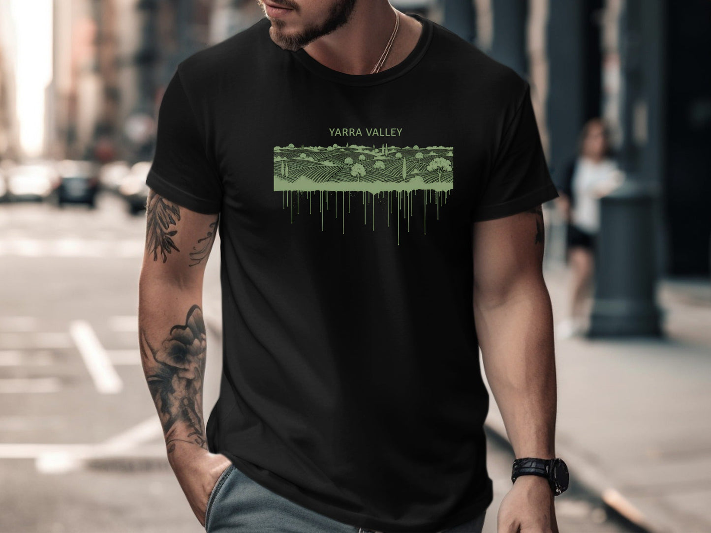 Yarra Valley Vineyard Drip Art T-Shirt - Green & Black | Victorian Apparel