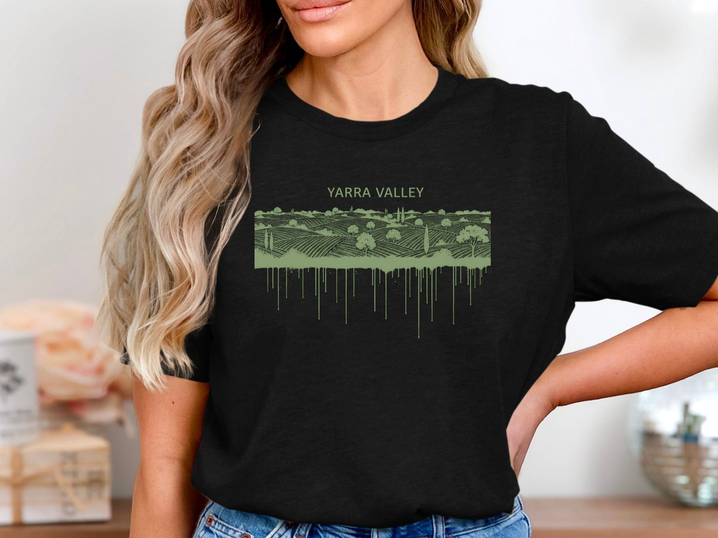 Yarra Valley Vineyard Drip Art T-Shirt - Green & Black | Victorian Apparel